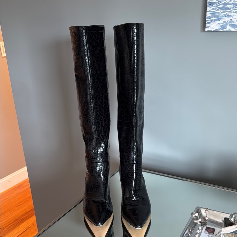 Black Croc-Embossed Knee-High Pointed Toe Boots